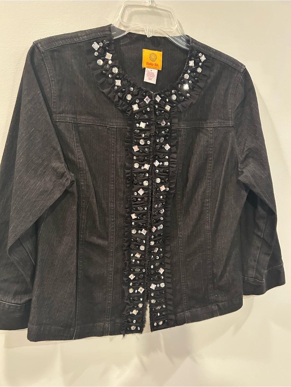 Ruby Rd. Black Jean Jacket with Rhinestone & Ruffle Trim